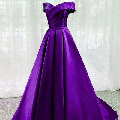 Simple off shoulder long purple satin evening dresses - Thumbnail 2