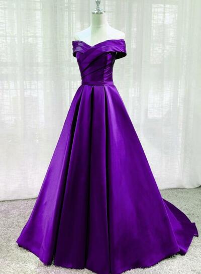 Simple Off Shoulder Long Purple Satin Evening Dresses