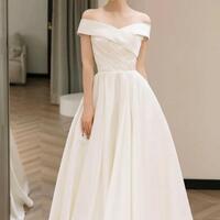 Simple Off Shoulder Ivory Long Stain Prom Dresses - Thumbnail 1