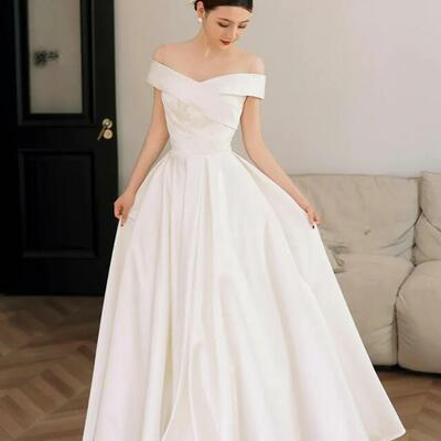 Simple off shoulder ivory long stain prom dresses - Thumbnail 3
