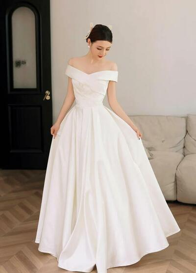 Simple Off Shoulder Ivory Long Stain Prom Dresses