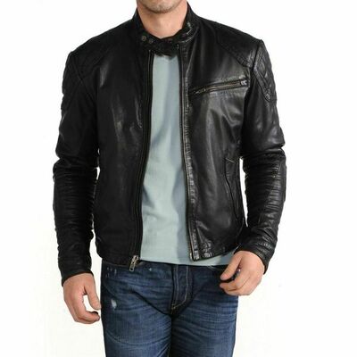Men leather biker genuine lambskin leather jacket