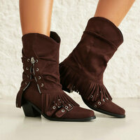 Side Lace Up Tassel Pant Boots Heeled Booties - Thumbnail 2