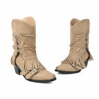 Side Lace Up Tassel Pant Boots Heeled Booties - Thumbnail 6