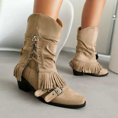 Side Lace Up Tassel Pant Boots Heeled Booties