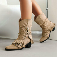 Side Lace Up Tassel Pant Boots Heeled Booties - Thumbnail 1