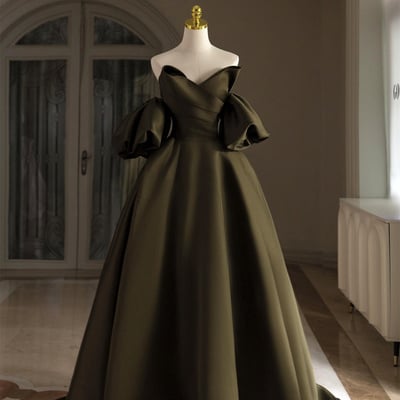 Dark green satin floor length prom dress - Thumbnail 1