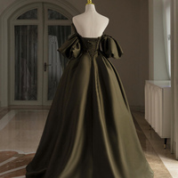 Dark Green Satin Floor Length Prom Dress - Thumbnail 3