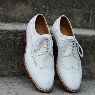 Crafted leather handmade classic white leather wingtip dress lace up shoes for men - Thumbnail 5