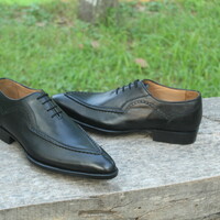 Crafted Leather Classic Mens Black Wingtip Oxford Dress Shoes - Thumbnail 1