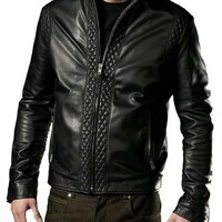 New Men's Leather Jacket Black Slim fit Motorcycle Real Soft lambskin - Thumbnail 4