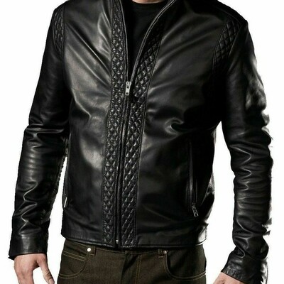New men's leather jacket black slim fit motorcycle real soft lambskin