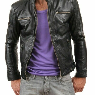 New men's leather jacket brown slim fit motorcycle real soft lambskin