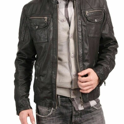 Men's classic vintage style genuine lambskin leather jacket black