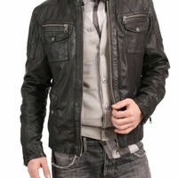 Men's Classic Vintage Style Genuine Lambskin Leather Jacket Black - Thumbnail 1