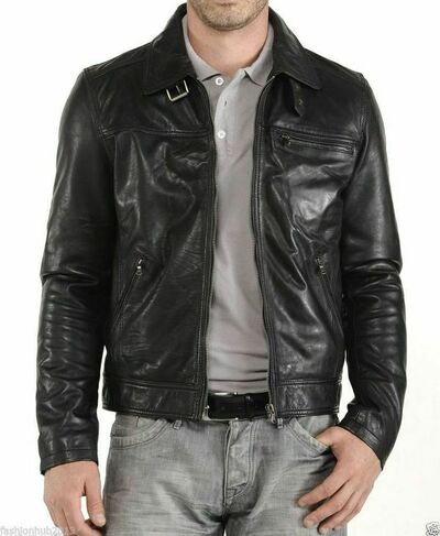 Men's Real Lambskin Leather Jacket Biker Motorcycle jacket Black