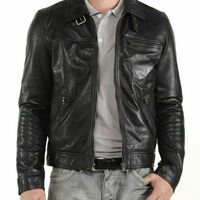 Men's Real Lambskin Leather Jacket Biker Motorcycle jacket Black - Thumbnail 1