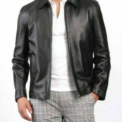 Men's real lamb leather real leather biker jacket motorcycle black classic jacket