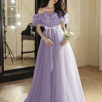 Purple Tulle Floor Length Prom Dress, Off the Shoulder Evening Party Dress - Thumbnail 2