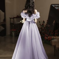 Purple Tulle Floor Length Prom Dress, Off the Shoulder Evening Party Dress - Thumbnail 3