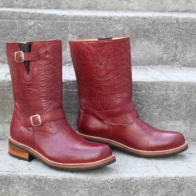 Crafted leather men classic burgundy ankle high cowboy boot