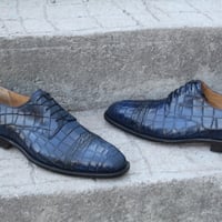 Crafted Leather Handmade Classic Blue Crocodile Skin Texture Medallion Shoes - Thumbnail 3