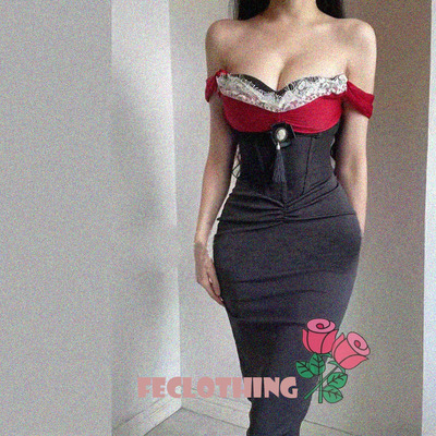 Retro long skirt contrast waist suspender dress - Thumbnail 2