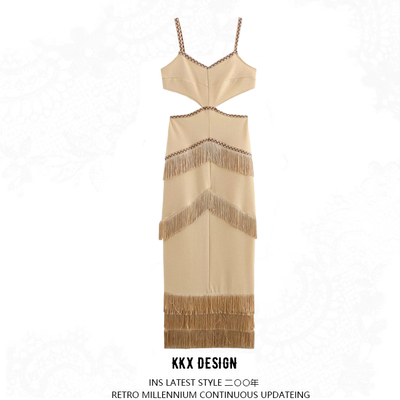 Solid color pullover v-neck sleeveless hollow suspender tassel maxi dress - Thumbnail 5