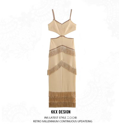 Solid color pullover V-neck sleeveless hollow suspender tassel maxi dress
