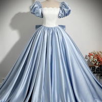 White and Blue Satin Long Prom Dress, Elegant A-Line Short Sleeve Evening Dress - Thumbnail 1