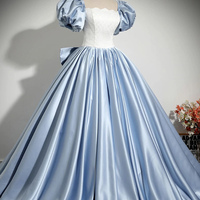 White and Blue Satin Long Prom Dress, Elegant A-Line Short Sleeve Evening Dress - Thumbnail 2