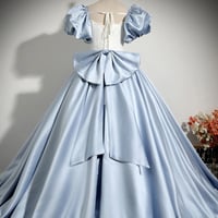 White and Blue Satin Long Prom Dress, Elegant A-Line Short Sleeve Evening Dress - Thumbnail 3