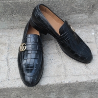 Crafted Leather Classic Loafers Crocodile Texture Leather Shoes in Black Color - Thumbnail 3