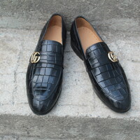 Crafted Leather Classic and Elegant Black Alligator / Crocodile Texture Leather Loafers Dress Shoes - Thumbnail 2