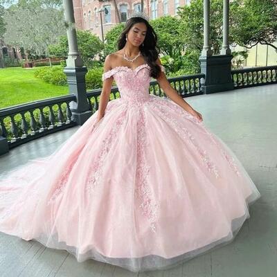 Ball gown pink off-shoulder lace quinceanera dress for party 