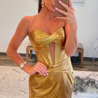 Sexy Strapless Keyhole Metallic Pleated Tight Homecoming Dress - Thumbnail 3