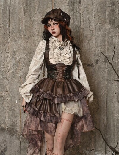 Lace up Steampunk PU Leather Dark Brown Corset with Ruffled Hem Skirt
