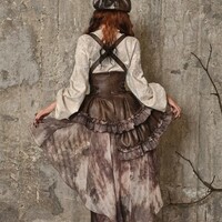 Lace up Steampunk PU Leather Dark Brown Corset with Ruffled Hem Skirt - Thumbnail 3
