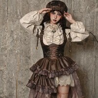 Lace up Steampunk PU Leather Dark Brown Corset with Ruffled Hem Skirt - Thumbnail 5
