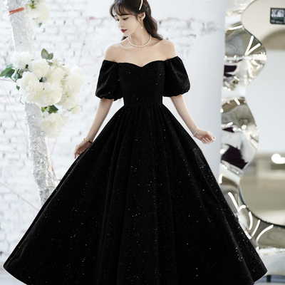 Black velvet long prom dress, a-line short sleeve evening party dress - Thumbnail 1