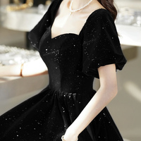 Black Velvet Long Prom Dress, A-Line Short Sleeve Evening Party Dress - Thumbnail 1