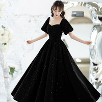 Black Velvet Long Prom Dress, A-Line Short Sleeve Evening Party Dress - Thumbnail 2