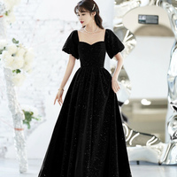 Black Velvet Long Prom Dress, A-Line Short Sleeve Evening Party Dress - Thumbnail 3
