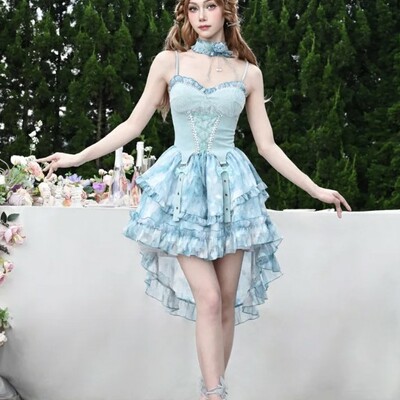 Beautiful sweet fairy blue ruffled spagheti strap dress
