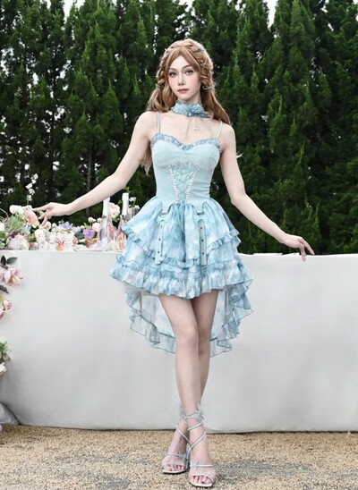 Beautiful Sweet Fairy Blue Ruffled Spagheti Strap Dress