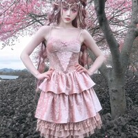 Velvet and Lace Pink Spaghetti Strap Dress - Thumbnail 3
