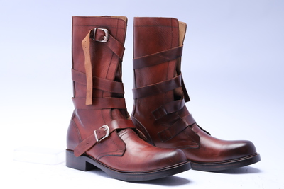 Crafted Leather Handmade Classic Brown Leather Dress Ankle High Military Strap Long Boots