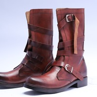 Crafted Leather Handmade Classic Brown Leather Dress Ankle High Military Strap Long Boots - Thumbnail 1