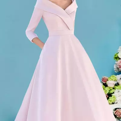 A-line mother of the bride /groom dress wedding guest vintage elegant pink v neck tea length satin 3/4 length sleev