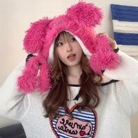 Fluffy Fuchsia Ears Warm Hat Cap - Thumbnail 1